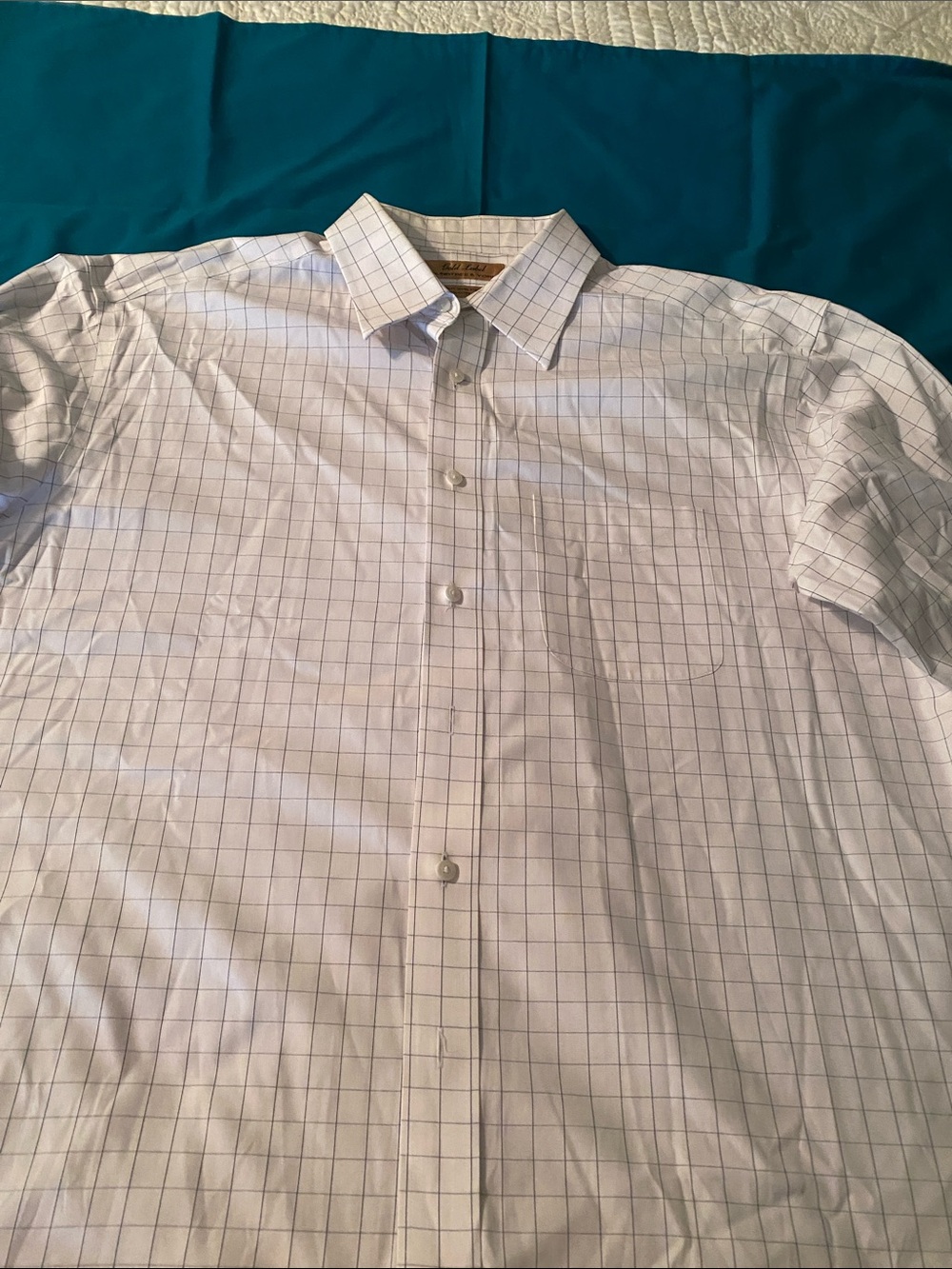 Roundtree & Yorke Gold Label White Dress Shirt with Blue Windowpane